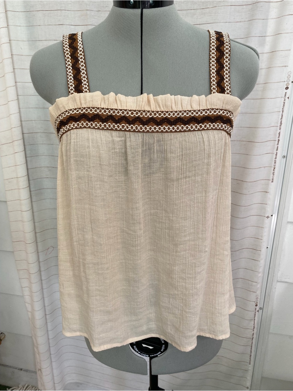 Blu Pepper Cream Sleeveless Peasant Top with Brown Trim